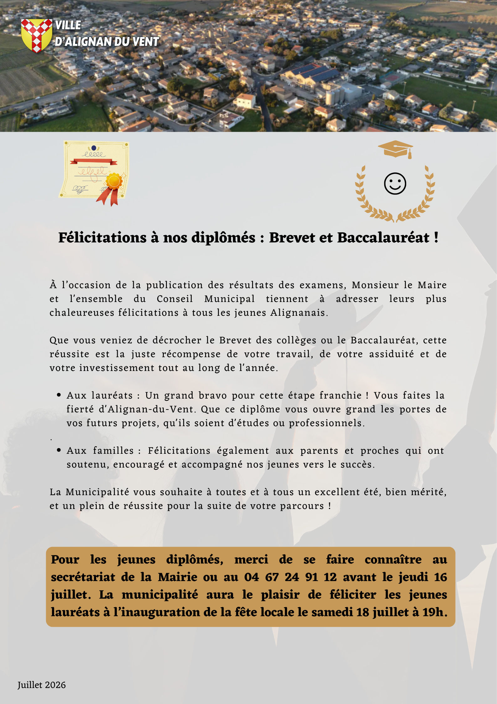 Félicitations à nos diplômés : Brevet et Baccalauréat ! Faites-vous connaitre en mairie