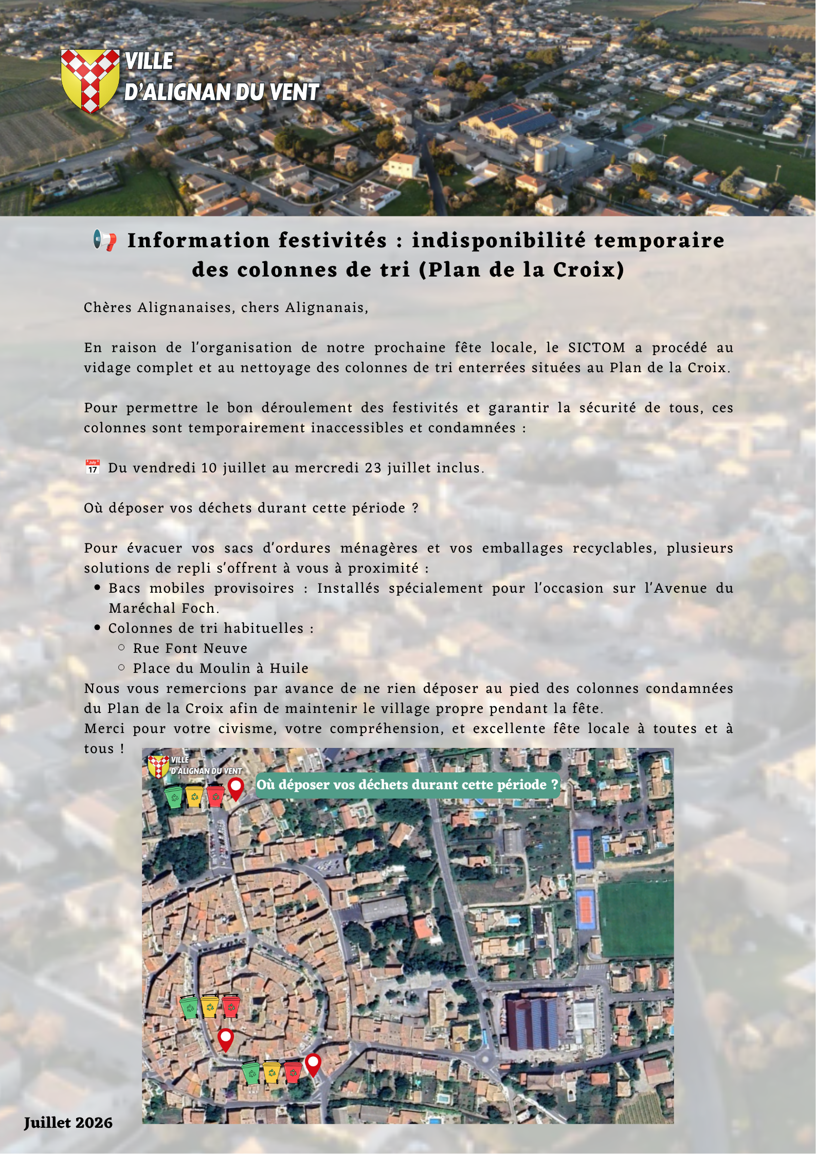 📢 Information festivités : indisponibilité temporaire des colonnes de tri (Plan de la Croix) 