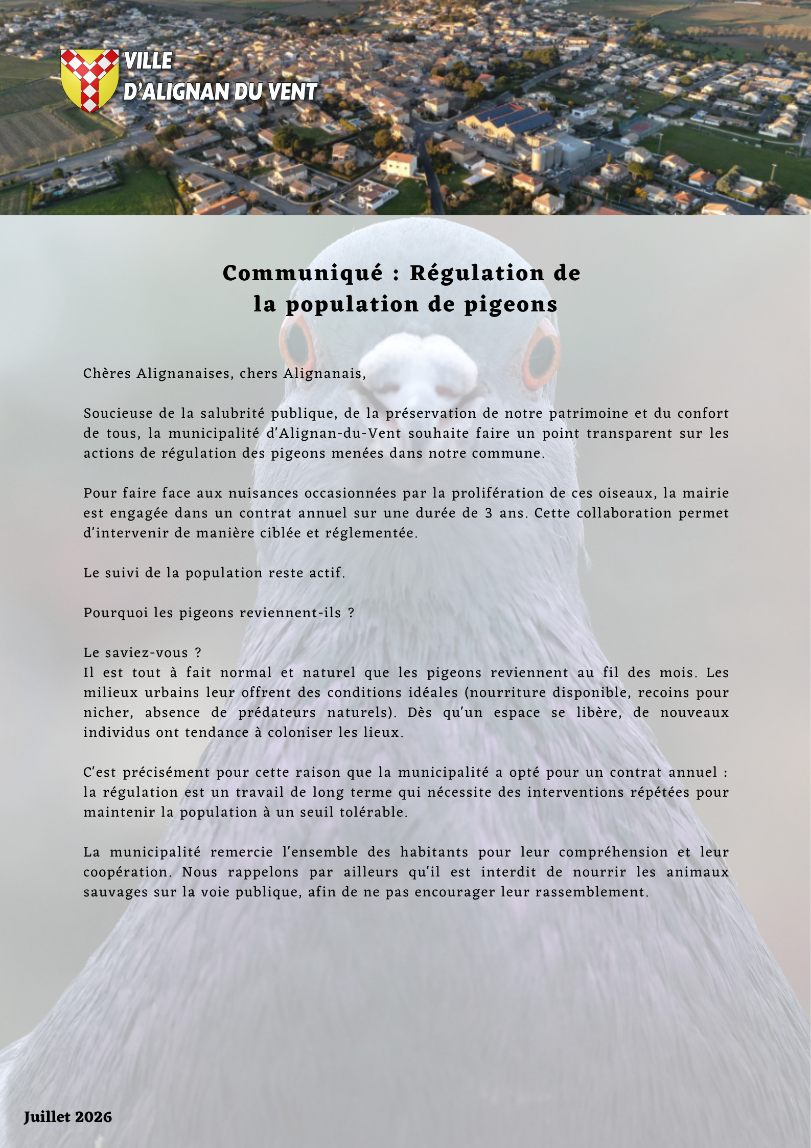 Régulation de la population de pigeons