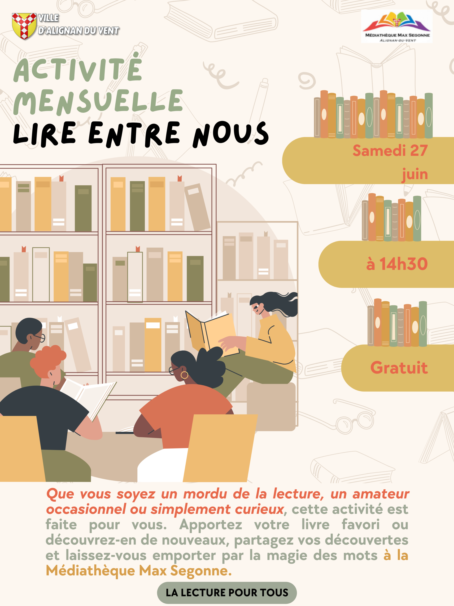 Activité Lire entre nous le samedi 27 juin 2026 à 14h30