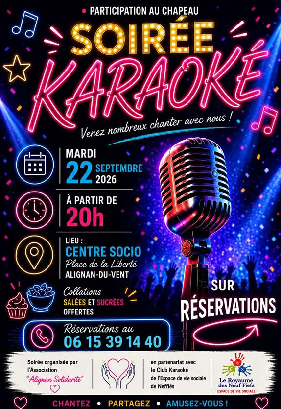 Soirée Karaoké mardi 22 septembre 2026 à 20h centre socio