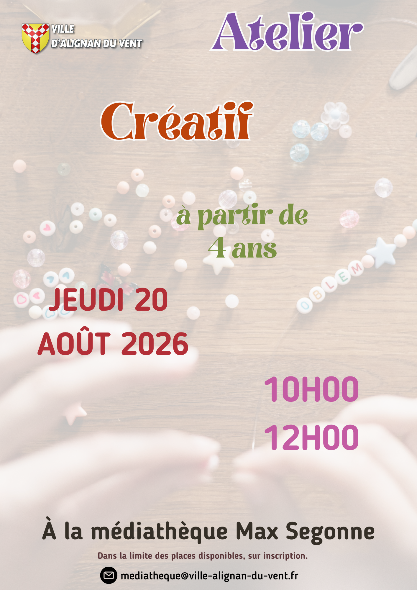 Atelier créatif le jeudi 20 août de 10h à 12h à la Médiatheque Max Segonne